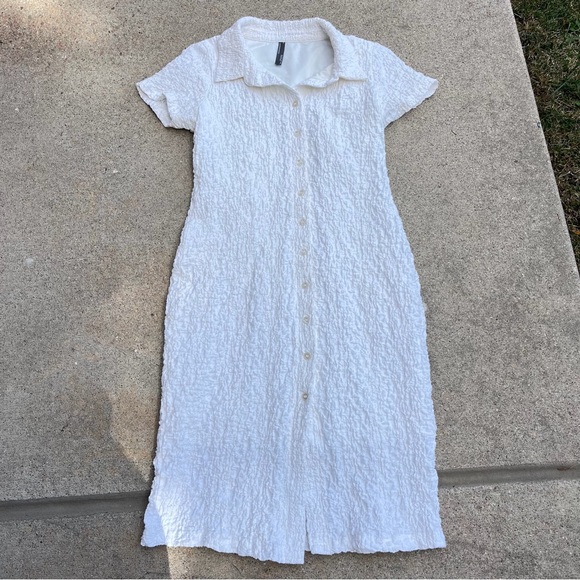 Anthropologie Women Collared Textured Midi Shirt Dress White SZ Small Short Slve - Picture 11 of 13